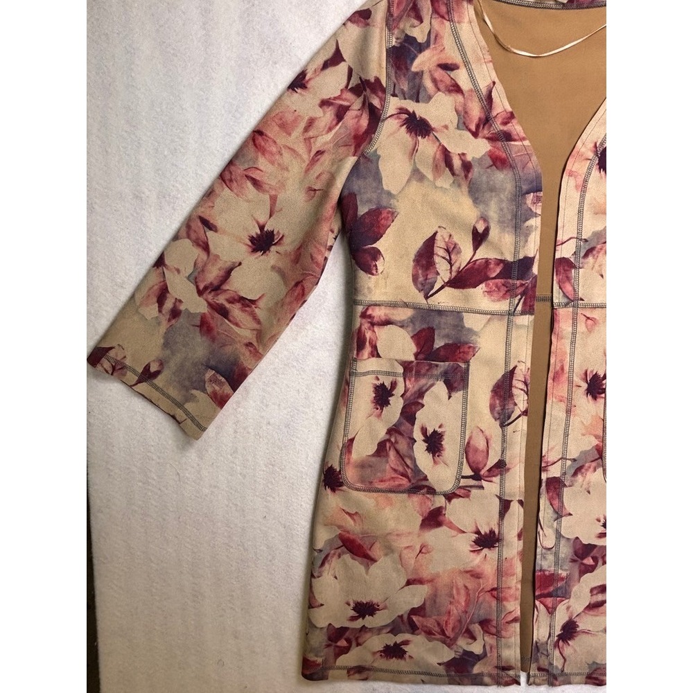 Solitaire Womens Floral Faux Suede Open Front Duster Cardigan Tan Mauve Medium‎ - Picture 4 of 13